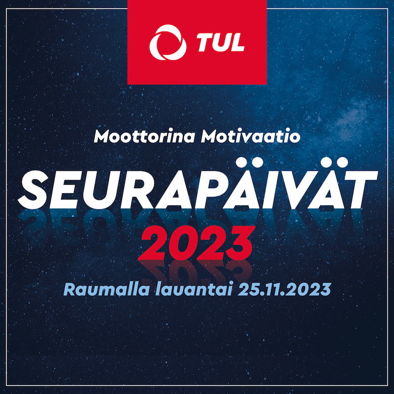 Sininen tausta, jossa teksti Moottorina Motivaatio, Seurapäivät 2023.