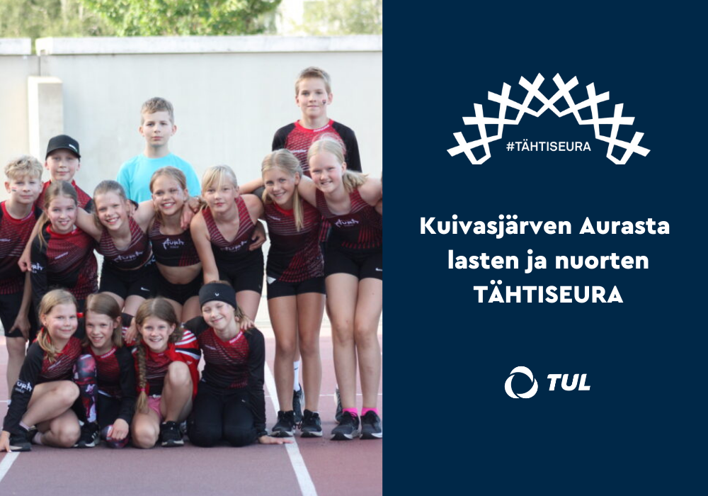 Nuoria yleisurheilijoita, lisäksi tummalla taustalla Tähtiseura-logo sekä teksti Kuivasjärven Aurasta lasten ja nuorten tähtiseura.