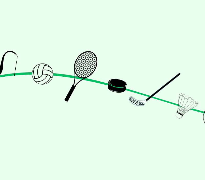 Vihreällä taustalla voimistelunauha, lentopallo, tennismaila, jääkiekko, salibandymaila, sulkapallo ja jalkapallo.