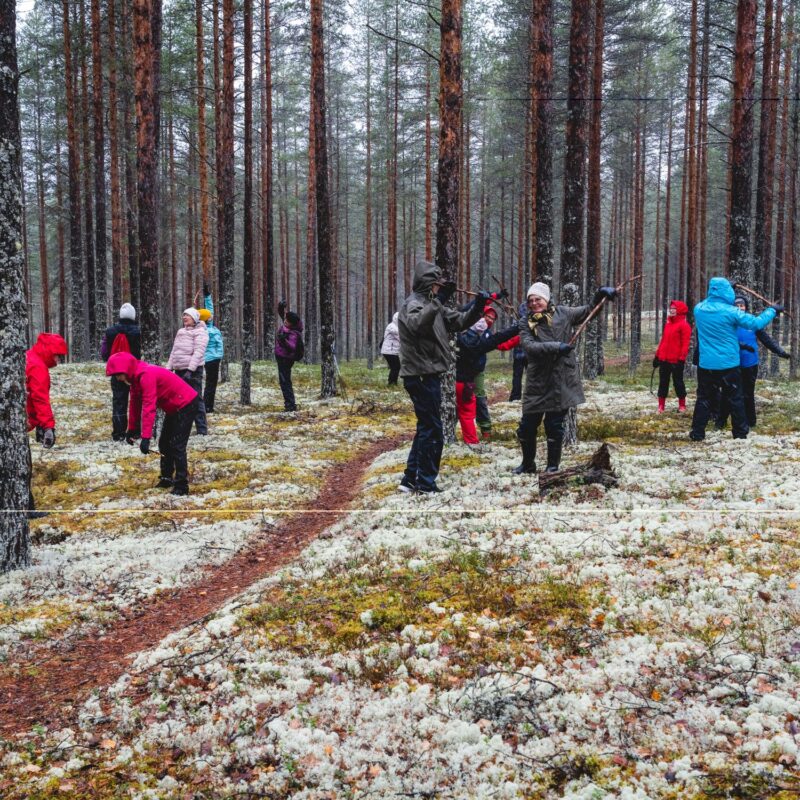 Ryhmä ihmisiä venyttellee metsässä puun runkoja vasten.