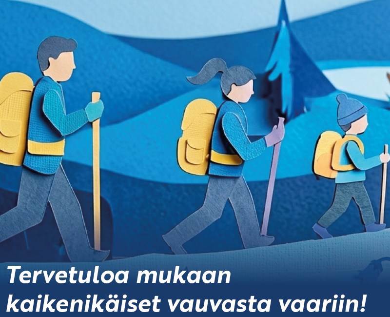 Kuvituskuva, jossa piirroshahmot patikovat. Teksti tervetuloa mukaan kaikenikäiset vauvsta vaariin!