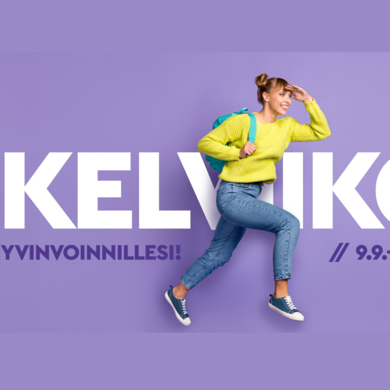 Violetilla taustalla iloinen kävelevä nainen, ja teksti Askelviikot - Ota askel hyvinvoinnillesi 9.-22.9.2024.