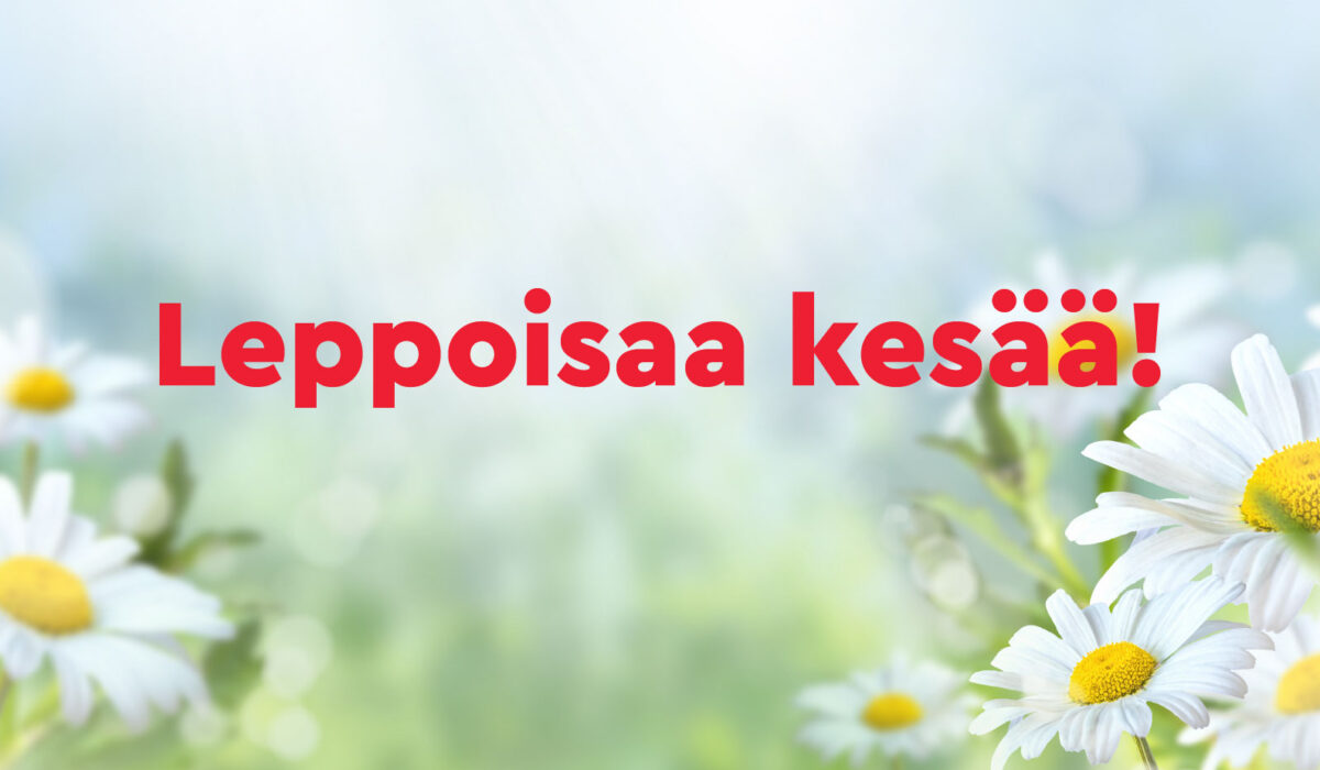 Taustalla kuva, jossa sininen tausta ja alhaalla etualalla päivänkakkaroita. Kuvan päällä teksti Leppoisaa kesää!