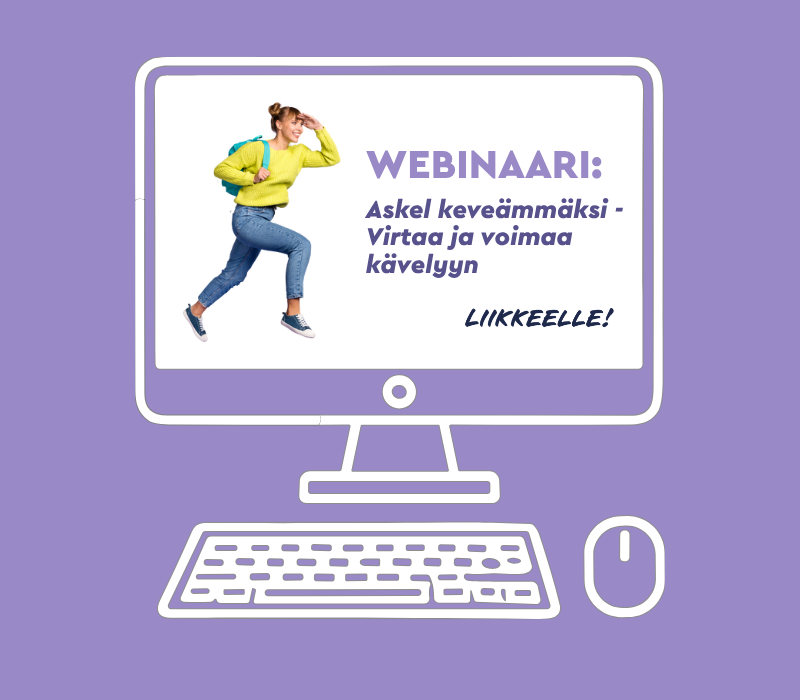 Kuvituskuva. Teksti Webinaari. Askel keveämmäksi: virtaa ja voimaa kävelyyn. Liikkeelle -logo. Kuvassa piirretty tietokone ja naishenkilö.