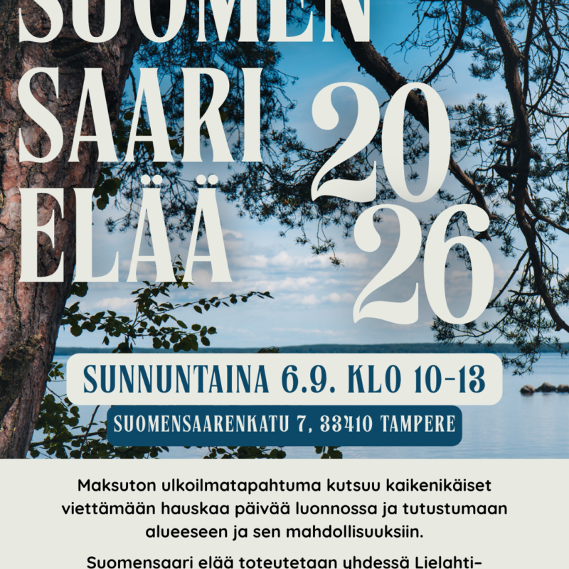 Suomensaari elää 2026 tapahtuman mainos Tampereen lielahdessa 6.9.2026 tapahtumasta