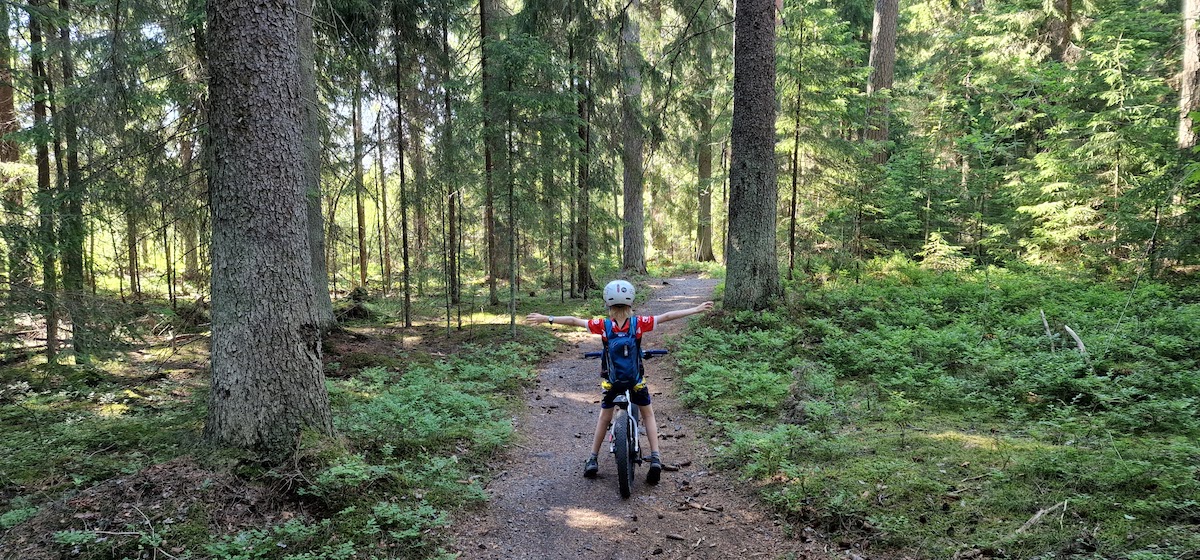 Lapsi pyöräilemässä metsässä.