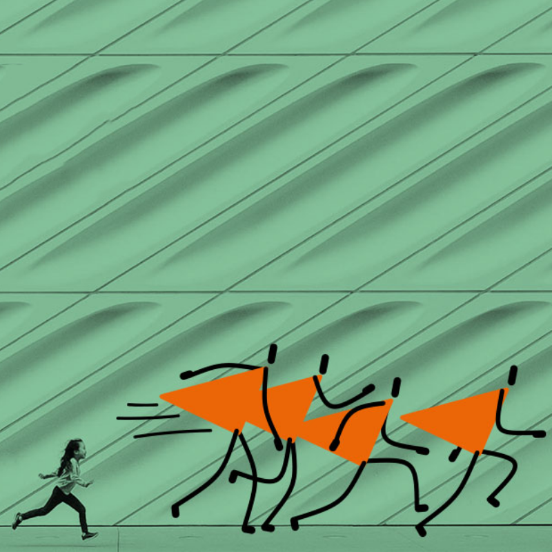 European Mile 14.8. vihreä tausta, jossa juoksee oransseja tikku-ukkoja.