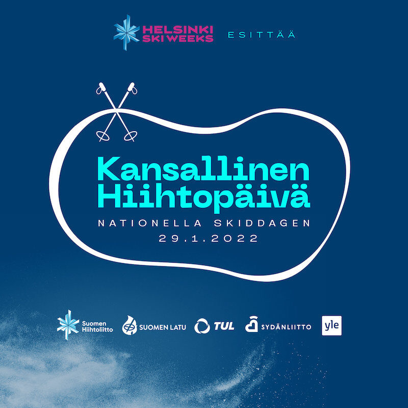 Kansallinen hiihtopäivä 29.1. Helsinki Ski Weeks esittää. Sininen mainoskuva.