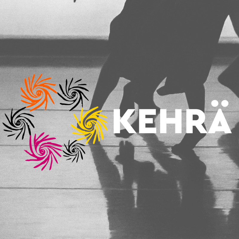 Mustavalkoinen kuva tanssijoiden jaloista, ja lisäksi teksti KEHRÄ ja tapahtuman logo.