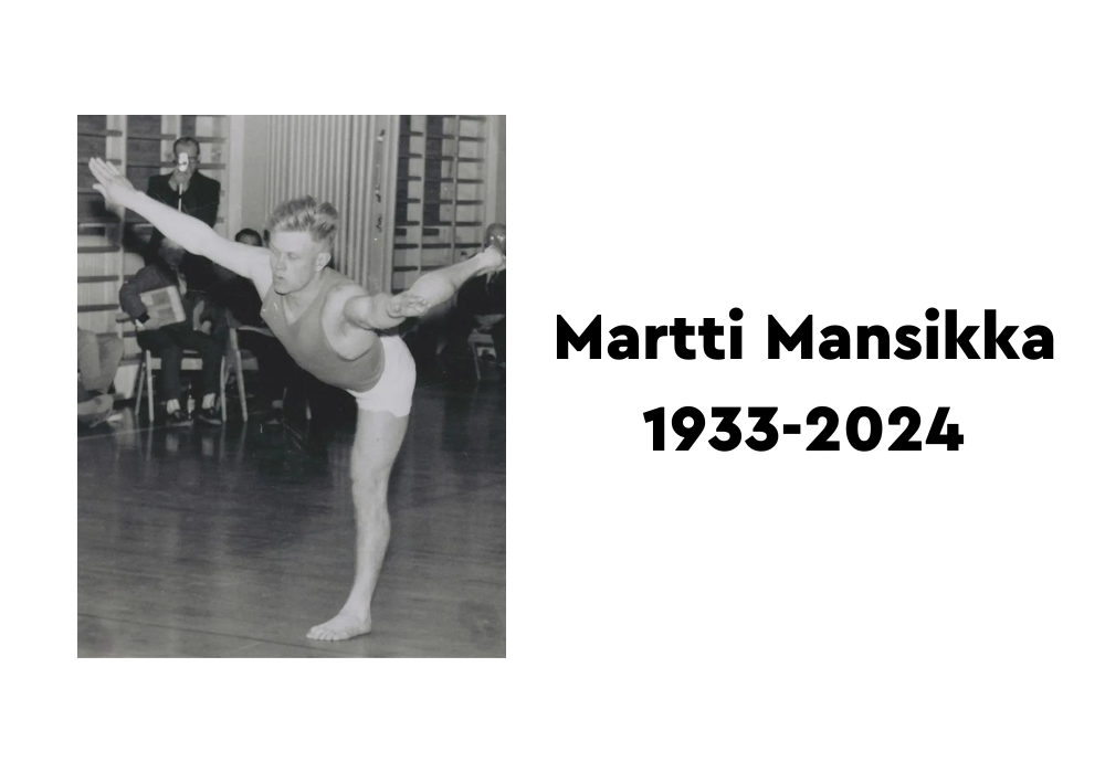 Martti Mansikka voimistelemassa, lisäksi teksti Martti Mansikka 1933-2024.
