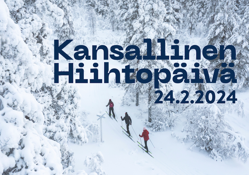 Luminen maisema, kolme hiihtäjää sekä teksti Kansallinen Hiihtopäivä 24.2.2024.