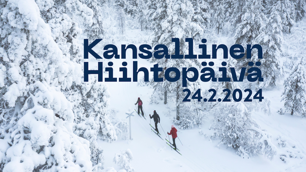 Luminen maisema, kolme hiihtäjää sekä teksti Kansallinen Hiihtopäivä 24.2.2024.