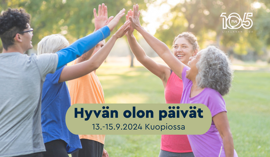 Kuvassa iloisia aikuisia ulkoilemassa. Teksti Hyvän olon päivät 13.-15.9.2024 Kuopiossa.