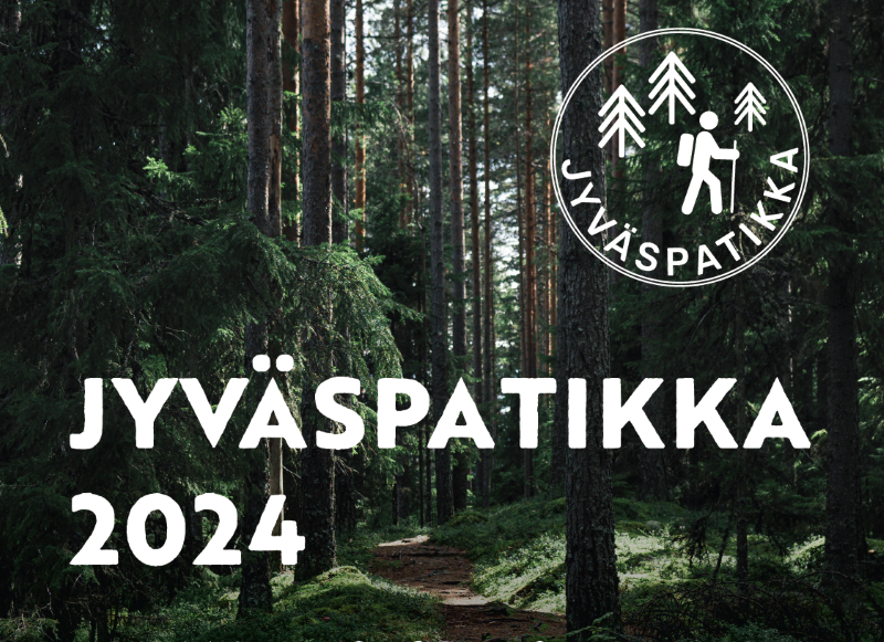 Kuvassa metsämaisema. Logo, jossa patikoija ja lukee Jyväspatikka. Kuvassa teksti Jyväspatikka 2024.