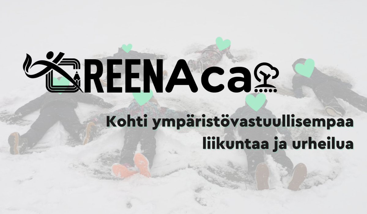 GreenAca-logo ja teksti Kohti ympäristövastuullisempaa liikuntaa ja urheilua. Taustalla haalea kuva lapsista tekemässä lumienkeleitä.