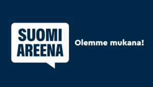 Tummansinisellä taustalla SuomiAreenan -logo, jossa teksti SuomiAreena puhekuplan sisällä. Logon vieressä teksti Olemme mukana!
