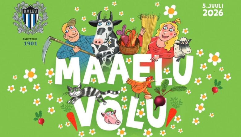 Vihreällä taustalla markkinointikuva Eesti Kalevin Maaelu Võlu -tapahtumasta.