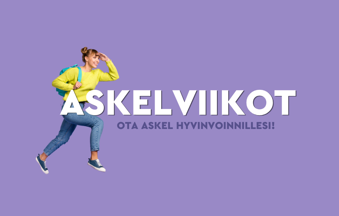 Violetilla taustalla teksti Askelviikot ja Ota askel hyvinvoinnillesi. Vasemmalla puolella kuva naisesta harppaamassa eteenpäin.