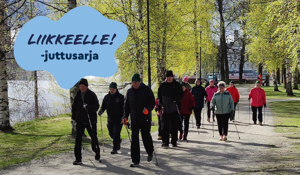 Taustalla kuva ryhmästä sauvakävelemässä. Etualalla vaaleansininen läiskäkuvio, jonka sisällä tummansininen Liikkeelle! -tekstilogo, jonka alapuolella pienemmällä fontilla teksti -juttusarja.