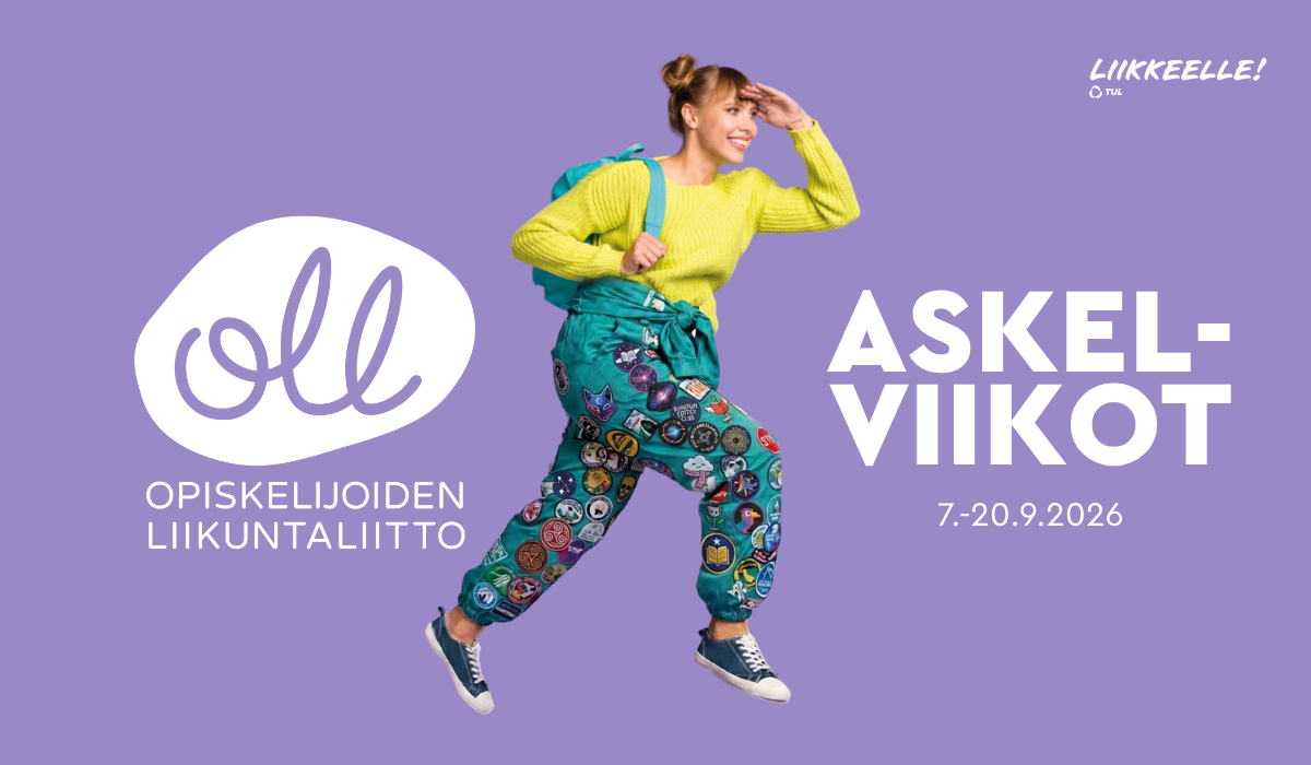 Violetilla taustalla Opiskelijoiden liikuntaliiton valkoinen logo ja teksti Askelviikot 7.-20.9.2026. Lisäksi kuvassa on eteenpäin harppaava nainen, jolla on reppu selässään ja opiskelijahaalarit jalassa.