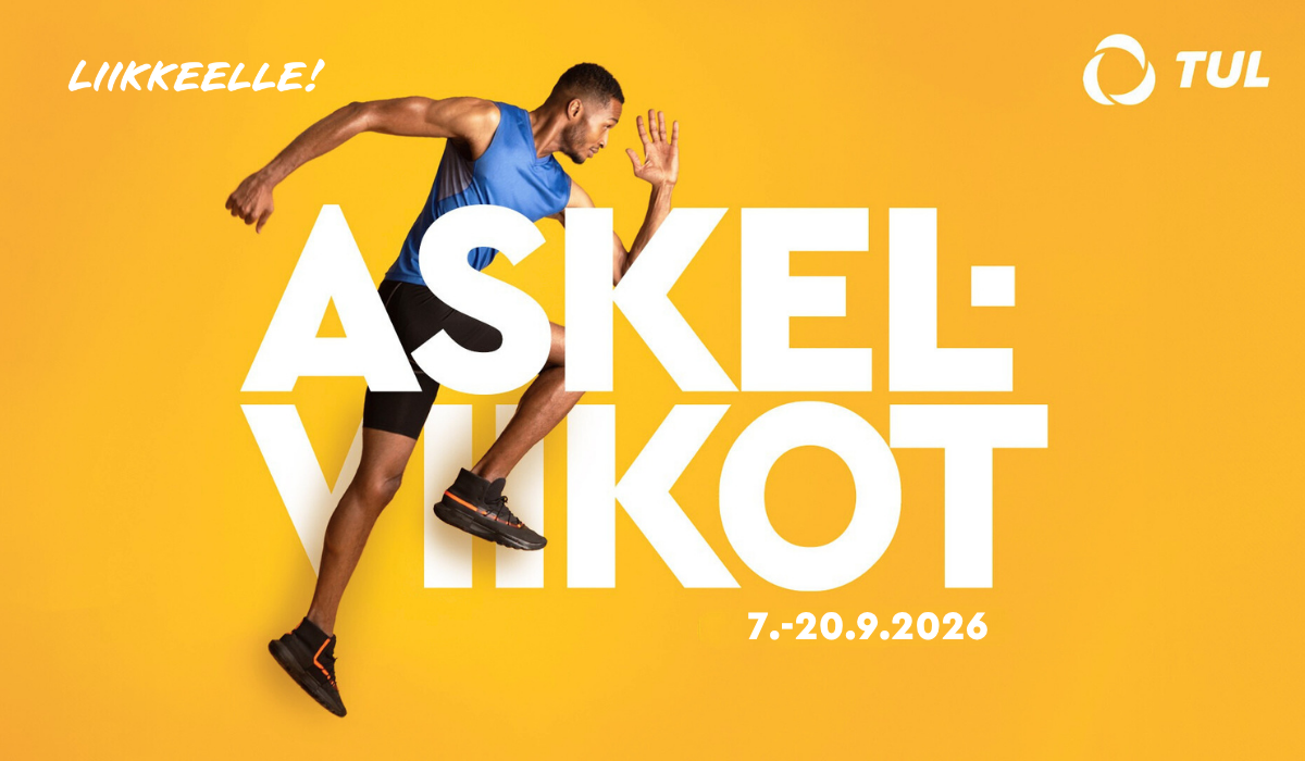 Keltaisella taustalla teksti Askelviikot 7.9.-20.9.2026. Tekstin lomassa kuva miehestä juoksemassa. Vasemmassa ylälaidassa Liikkeelle! -tekstilogo ja oikeassa ylälaidassa TUL:n valkoinen logo.