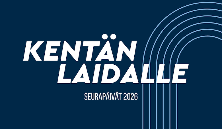 Tummansinisellä taustalla valkoinen teksti Kentän laidalle, Seurapäivät 2026. Oikeassa laidassa haalea vaaleansininen grafiikkakuva juoksuradoista.