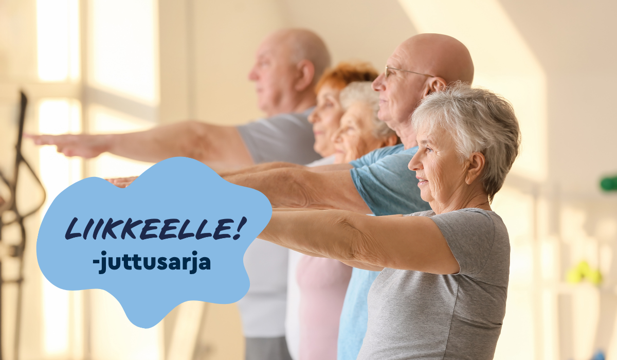 Taustalla kuva neljästä seniori-ikäisestä ihmisestä liikkumassa liikuntatilassa. Vasemmassa alalaidassa vaaleansininen läiskäkuvio, jonka sisällä tummansinisellä teksti Liikkeelle! -juttusarja.