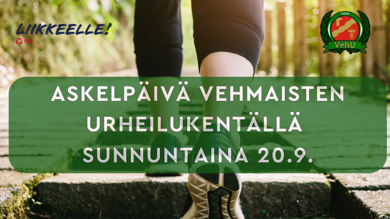 Askelpäivän tapahtuman mainos, jossa on kengän kuva ja ihminen ottamassa askeleen eteenpäin. Ajankohta 20.9. kello 11-13
